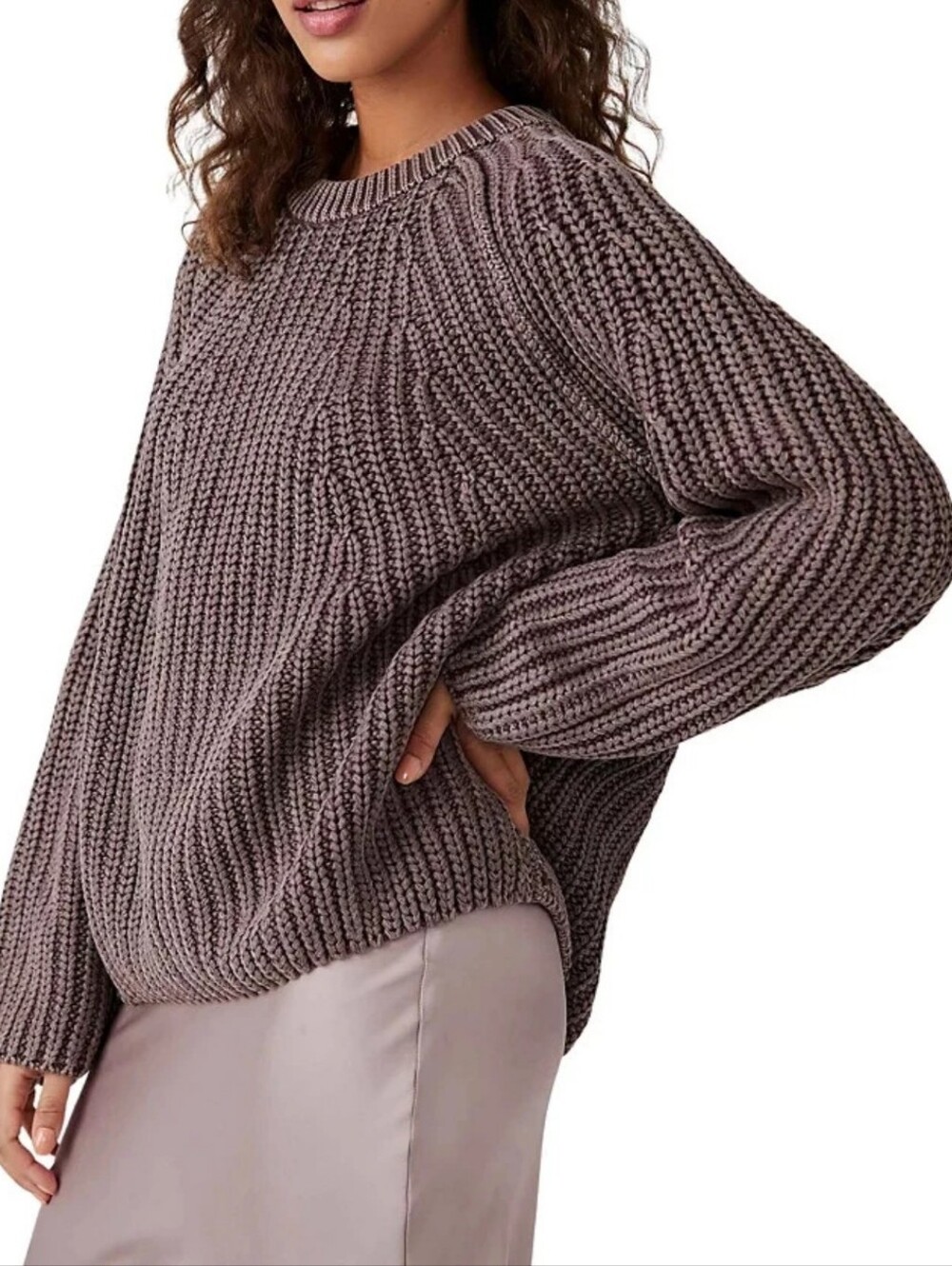Free People Take Me Home Sweater Womens XL Taupe Crewneck Chunky Heavy Cozy Boho